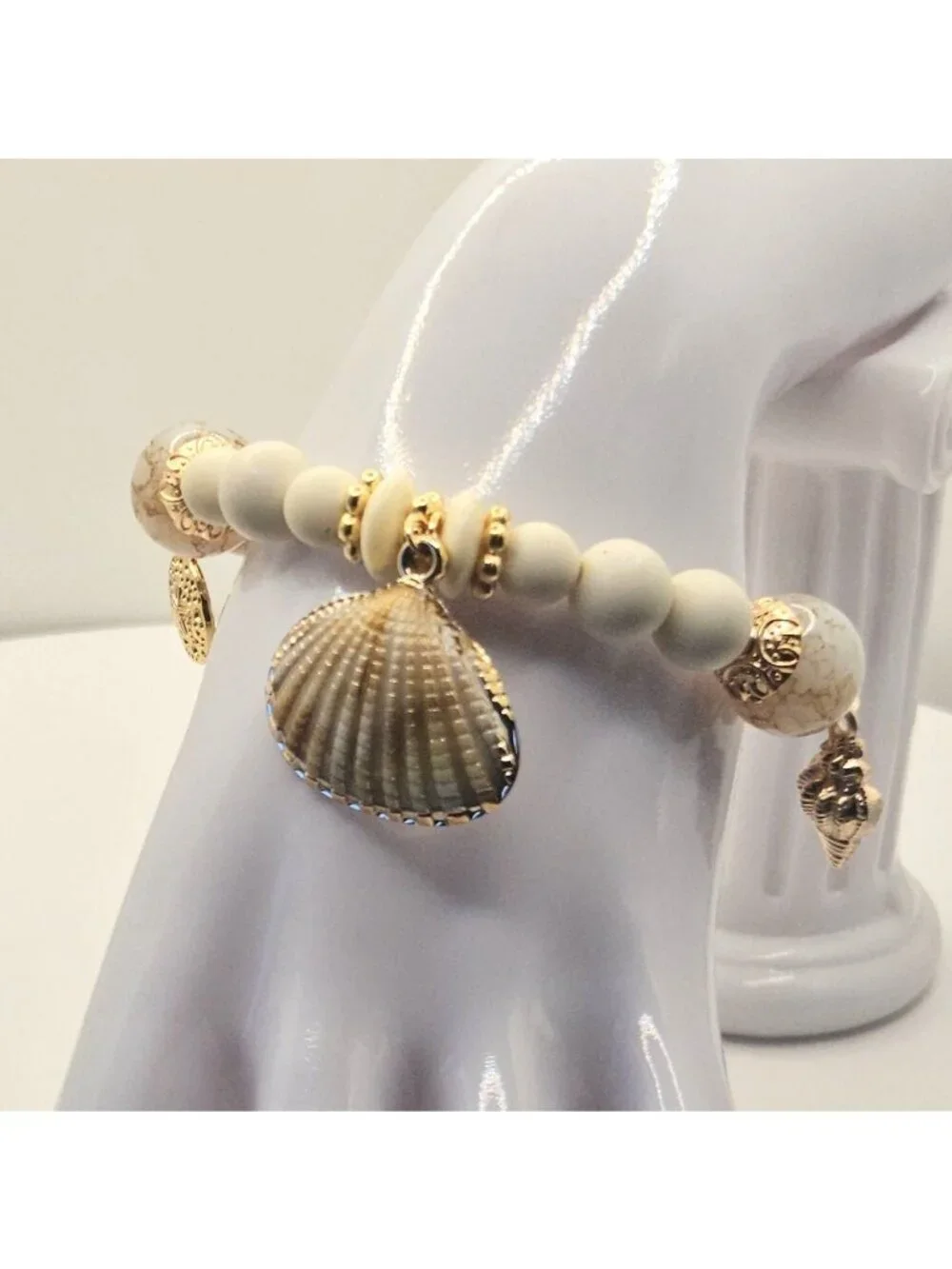 Beach Charm Bracelet, Coastal Shell Bracelet, Gold Beaded Stretch Bracelet
